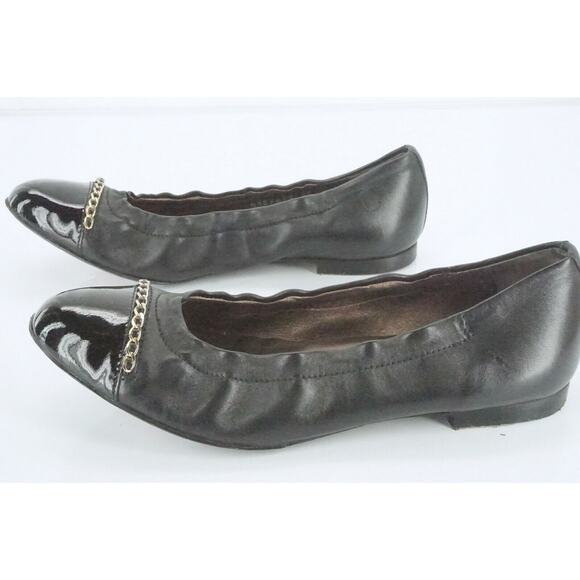 AGL Black Leather Bijoux Chain Embellished Patent Cap Toe Ballet Flat SZ 36 - Picture 5 of 12